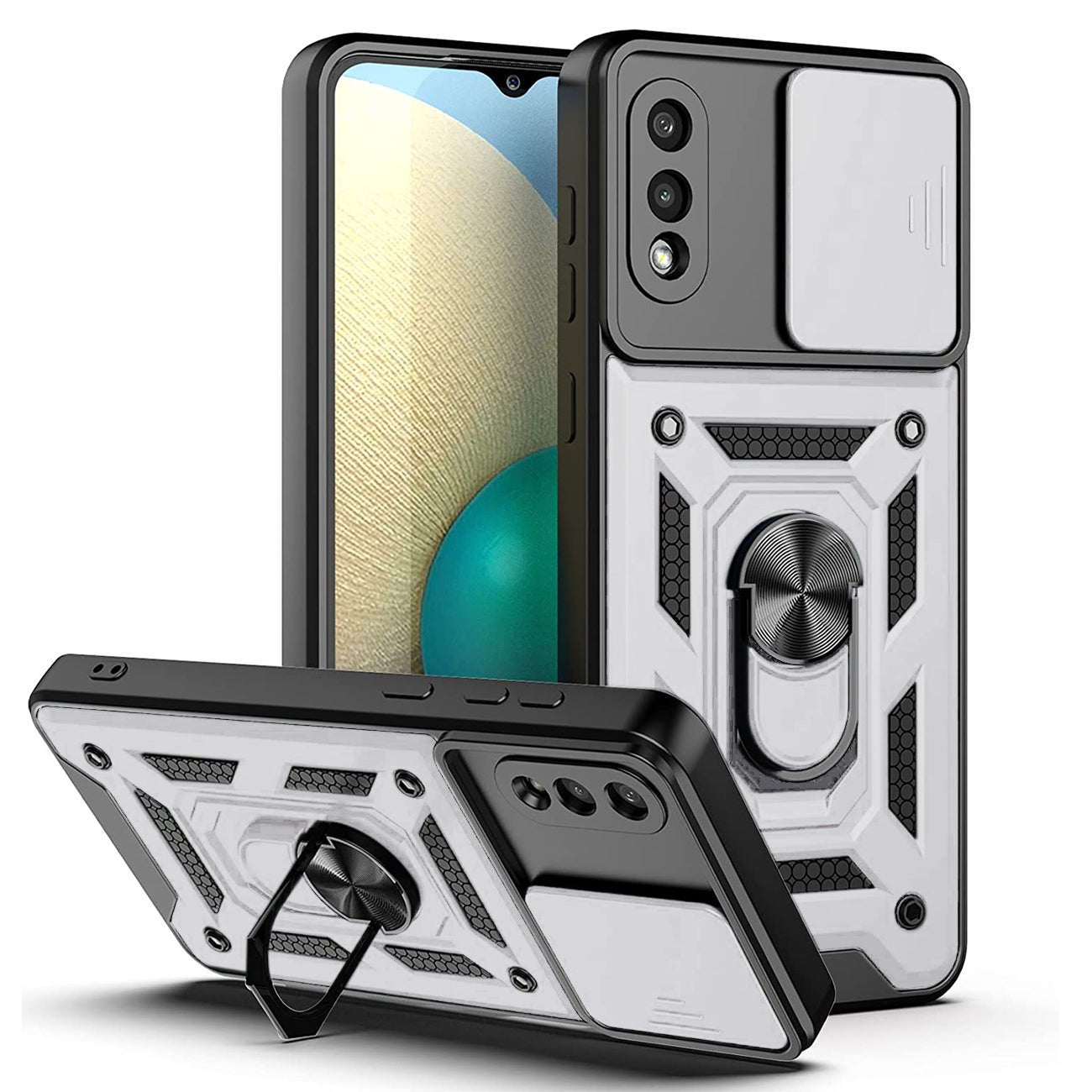 Kickstand Ring Holder with Slide Camera Cover TPU Shockproof Case and Magnetic Car Mount for SAMSUNG GALAXY A02/M06 In Silver